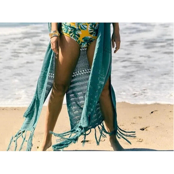 Tasseled Cardigan Swimsuit Coverup In Dusty Blue - Picture 4 of 4